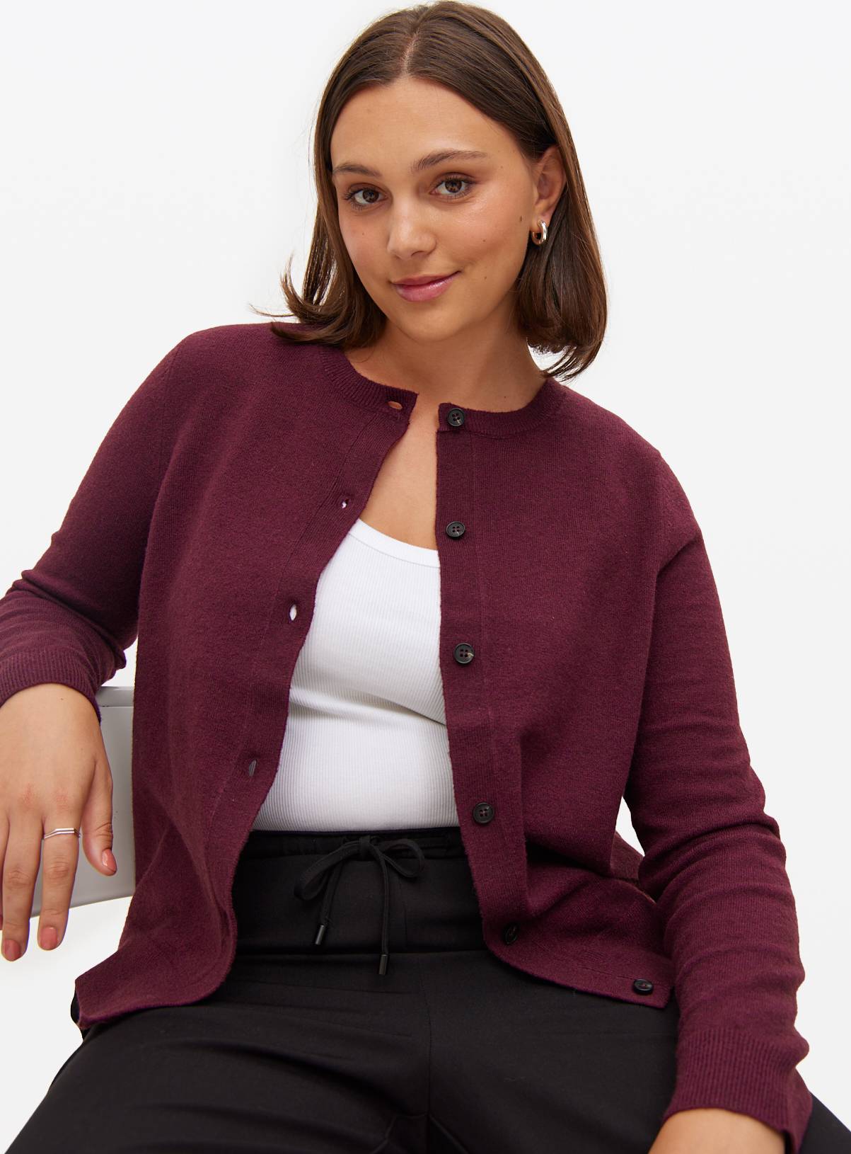 Burgundy Soft Knit Crew Neck Cardigan 14 - Image 1